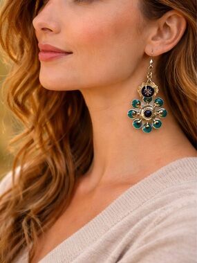Boho Teal Flower Rhinestone Dangle Earrings European Artisan Style